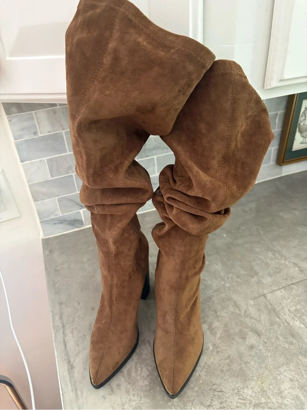 So Me Brown Slouchy Over-the-Knee Suede Pointed-Toe Heeled Boots